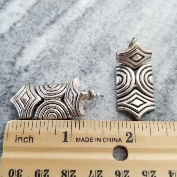 Vintage Funky Geometric Silver Tone Post Earrings, Dangle Drop Setting, Unsigned - Picture 4 of 5